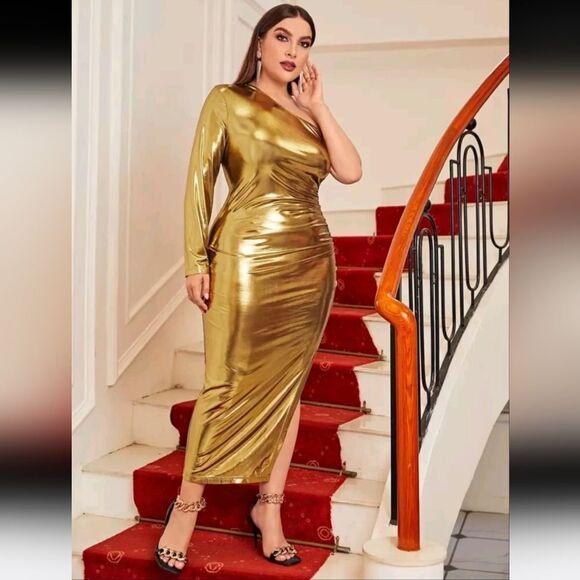 Dresses & Skirts - Gold One-Shoulder Dress 1X